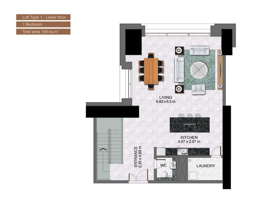 Loft-Type-1-Lower-Floor-,1-Bedroom,Size-158-Sq m